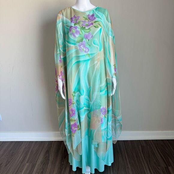 VTG 1970’s Floral Printed Chiffon Maxi Kaftan Dress - Picture 2 of 11